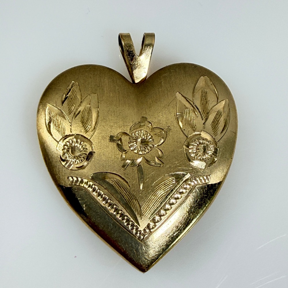Vintage Gold Filled Heart Locket Etched 14KGF Pendant 1.25" x 1"